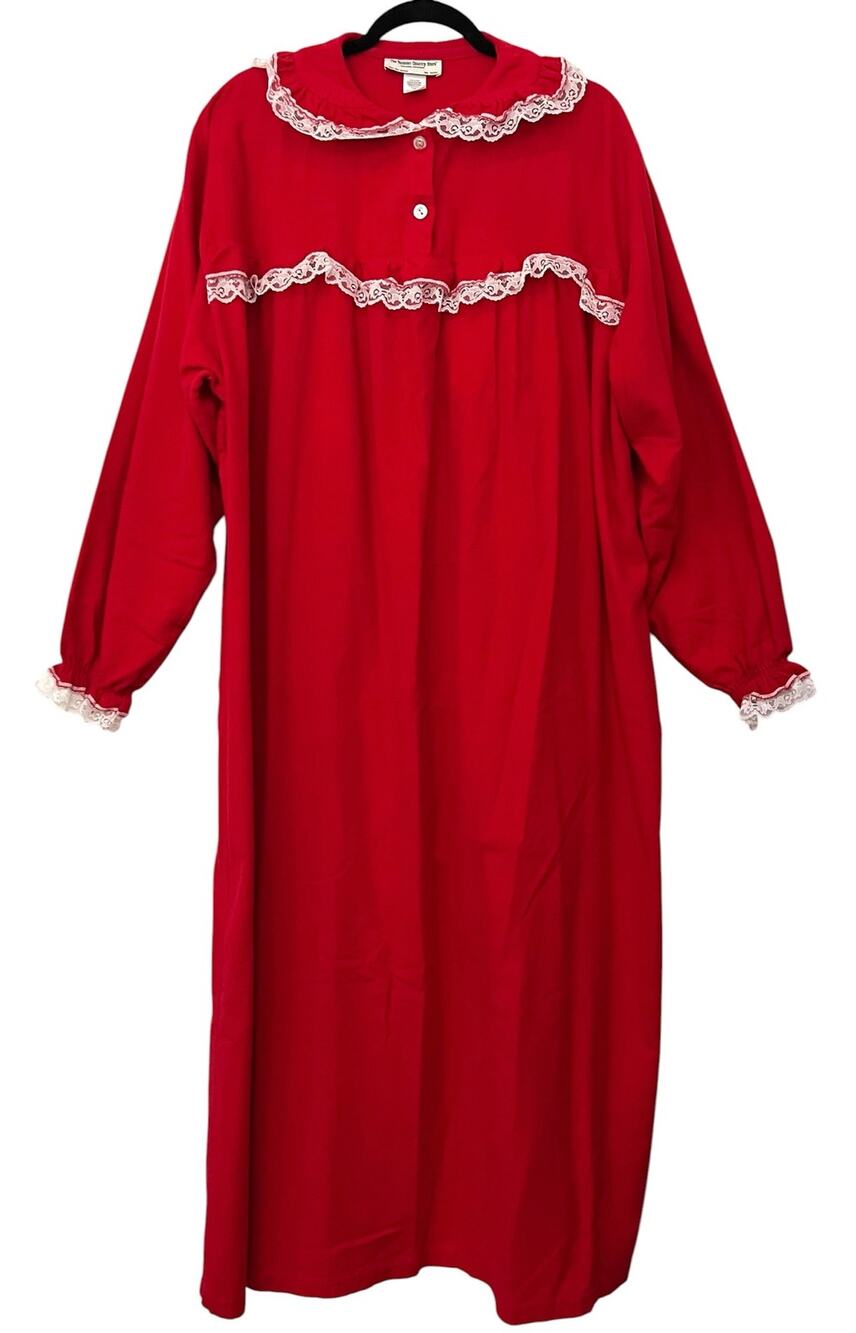 Vermont Country Store Nightgown Women 3X Red Flannel Lace Trim Long Cozy POCKETS